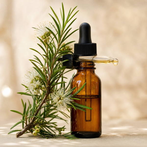 Tea tree branch and oil bottle